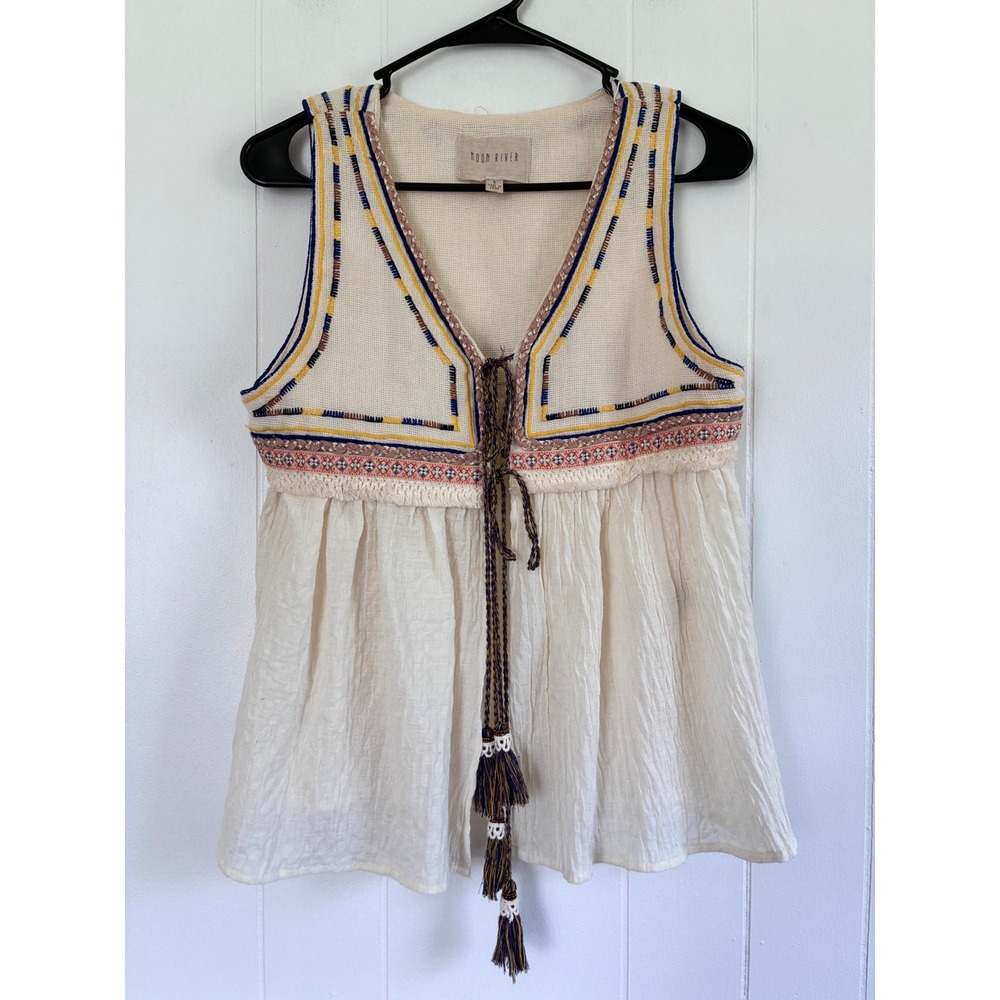 Moon River Embroidered Boho Tassel Tie Front Peplum Vest Top Cream Medium MR2502